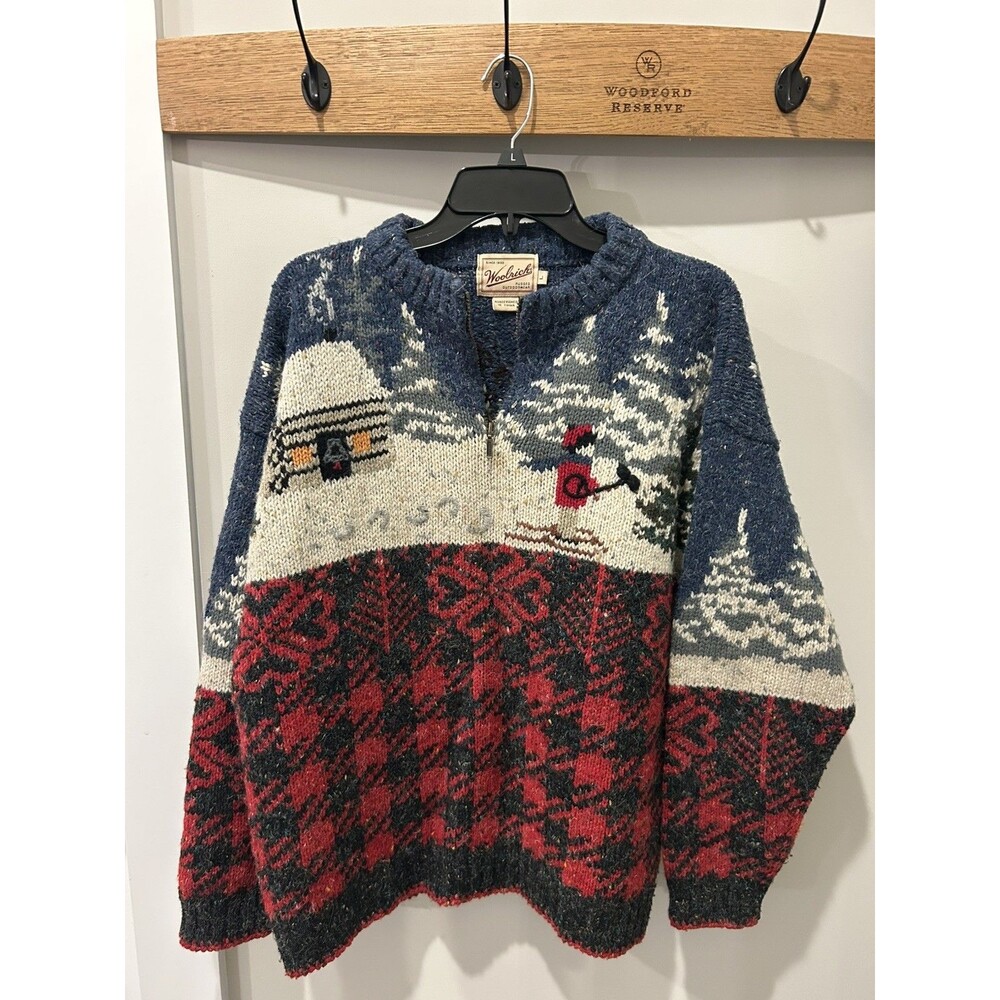 Vintage Woolrich 1/4 Zip Sweater Mens Large Winter Ski Deer Holiday Wool Blend